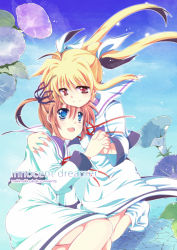 Rule 34 | 2girls, blonde hair, blue eyes, couple, cover, eye contact, fate testarossa, hair ribbon, holding hands, happy, kneeling, looking at another, lyrical nanoha, mahou shoujo lyrical nanoha, mahou shoujo lyrical nanoha a&#039;s, mekimeki, multiple girls, orange hair, red eyes, ribbon, school uniform, short twintails, simple background, smile, takamachi nanoha, twintails, uniform, yuri