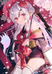 Rule 34 | 1girl, bare shoulders, bell, black kimono, blurry, blurry foreground, blush, breasts, closed mouth, commentary request, double bun, dutch angle, eyes visible through hair, fang, fang out, floral print, flower, hair bell, hair bun, hair ornament, holding, holding umbrella, hololive, horns, japanese clothes, jingle bell, karma (nakiri ayame), kimono, long hair, long sleeves, looking at viewer, mask, mask on head, medium breasts, multicolored hair, nakiri ayame, nakiri ayame (1st costume), obi, off shoulder, oil-paper umbrella, oni, oni mask, petals, print kimono, red eyes, red hair, sash, shiohana, silver hair, sitting, skin-covered horns, skin fang, smile, solo, streaked hair, sword, tassel, thighhighs, umbrella, very long hair, virtual youtuber, water, weapon, white flower, white thighhighs