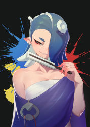 Rule 34 | 1girl, absurdres, black background, blue hair, breasts, brown eyes, cephalopod eyes, chest sarashi, cleavage, commentary request, earrings, eyeliner, folding fan, gradient skin, grin, hachimaki, hair over one eye, hand fan, head tilt, headband, highres, holding, holding fan, jdw, jewelry, korean commentary, looking at viewer, makeup, medium hair, mixed-language commentary, multiple earrings, nejiri hachimaki, nintendo, octoling, paint splatter, pointy ears, poncho, red eyeliner, sarashi, see-through, shiny skin, shiver (splatoon), short eyebrows, single bare shoulder, smile, solo, splatoon (series), splatoon 3, suction cups, tentacle hair, thick eyebrows, upper body