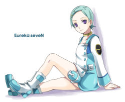 Rule 34 | 00s, 1girl, blue hair, boots, collar, copyright name, eureka (eureka seven), eureka seven, eureka seven (series), female focus, full body, green hair, kubyou azami, looking at viewer, purple eyes, sitting, solo, thigh strap, white footwear
