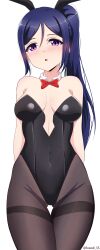 Rule 34 | 1girl, absurdres, animal ears, arms behind back, bare shoulders, black leotard, blue hair, blush, bow, bowtie, breasts, brown pantyhose, cleavage, commentary, covered navel, cowboy shot, detached collar, english commentary, fake animal ears, highleg, highleg leotard, highres, leotard, long hair, looking at viewer, love live!, love live! sunshine!!, matsuura kanan, medium breasts, open mouth, pantyhose, playboy bunny, ponytail, purple eyes, rabbit ears, roswell ss, simple background, solo, strapless, strapless leotard, white background