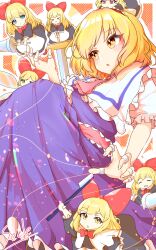Rule 34 | 1girl, 6+others, alice margatroid, apron, blonde hair, blue dress, blue eyes, blush, chilwell seele, closed eyes, doll, dress, green eyes, hairband, highres, holding, holding sword, holding weapon, looking at another, multiple others, red eyes, red ribbon, ribbon, shanghai doll, short hair, sword, thread, touhou, weapon, yellow eyes