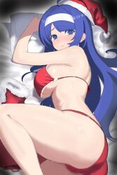 Rule 34 | 1girl, absurdres, ahoge, ass, bare shoulders, bed, bikini, blue hair, blush, breasts, christmas, come hither, hairband, hat, highres, large breasts, legs, long hair, looking at viewer, looking back, lying, orie ballardiae harada, red bikini, santa hat, sideboob, solo, swimsuit, thighs, under night in-birth, very long hair