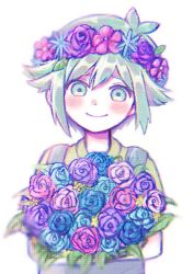 Rule 34 | 1boy, basil (headspace) (omori), basil (omori), blue overalls, blush, bouquet, closed mouth, colored skin, flower, green eyes, green hair, green shirt, head wreath, holding, holding bouquet, looking at viewer, omori, overalls, salt xs2, shirt, short hair, short sleeves, smile, solo, white skin