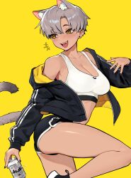 Rule 34 | +++, 1girl, alcohol, animal ears, asahi, beer, beer can, black jacket, black nails, black shorts, blush, breasts, can, cat ears, cat girl, cat tail, collarbone, dark-skinned female, dark skin, drink can, earrings, fang, from side, grey hair, gym shorts, highres, holding, holding can, jacket, jewelry, kara (vertigris), large breasts, long sleeves, looking back, medium breasts, nail polish, open clothes, open jacket, open mouth, original, short hair, shorts, simple background, smile, solo, sports bra, tail, teeth, track jacket, upper teeth only, vertigris, white sports bra, yellow background, yellow eyes