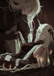 Rule 34 | 1boy, 1girl, absurdres, arknights, bare shoulders, black dress, black flower, black gloves, blonde hair, breasts, brother and sister, candle, closed eyes, closed mouth, confessarius (arknights), detached sleeves, dress, earrings, flower, gloves, hair flower, hair ornament, highres, holding another&#039;s hair, horns, jewelry, long hair, long sleeves, lying, medium breasts, necklace, on back, pointy ears, red eyes, shining (arknights), siblings, signature, sleeping, very long hair, xiawu2001