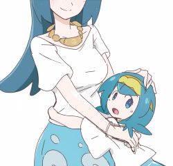 Rule 34 | 2girls, age difference, blue eyes, blue hair, blue skirt, creatures (company), freckles, game freak, hairband, hand on another&#039;s head, head out of frame, hug, jewelry, lana&#039;s mother (pokemon), lana (pokemon), long hair, looking at viewer, mature female, mother and daughter, multiple girls, nagitaro, necklace, nintendo, pokemon, pokemon (anime), pokemon sm (anime), shirt, short hair, sketch, skirt, smile, t-shirt, white shirt