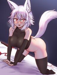 Rule 34 | 1girl, animal ears, ass, black thighhighs, blush, breasts, cachemerro, cleavage, detached sleeves, dutch angle, full body, inubashiri momiji, large breasts, looking at viewer, medium breasts, no headwear, red eyes, short hair, smile, solo, tail, thighhighs, touhou, white hair, wolf ears, wolf girl, wolf tail