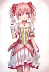 Rule 34 | 10s, 1girl, aki99, bubble skirt, choker, colored eyelashes, cowboy shot, gloves, hand in own hair, highres, kaname madoka, looking at viewer, magical girl, mahou shoujo madoka magica, mahou shoujo madoka magica (anime), open mouth, pink eyes, pink hair, ribbon, short hair, short twintails, skirt, solo, standing, twintails, white gloves
