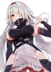 Rule 34 | 1girl, absurdres, anchor symbol, arm strap, azur lane, bad id, bad twitter id, belt, belt buckle, belt collar, black skirt, blue hairband, blush, breasts, buckle, collar, colorado (azur lane), covered erect nipples, covered navel, detached sleeves, dress, elbow gloves, expressionless, fingerless gloves, gloves, gluteal fold, groin, hair over one eye, hairband, hand up, highres, jacket, large breasts, long hair, looking at viewer, multiple straps, open mouth, pelvic curtain, red eyes, sideboob, sidelocks, silver hair, simple background, skindentation, skirt, sleeveless, sleeveless dress, solo, white background, wide sleeves, yayoichi (yoruyoru108)