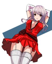 Rule 34 | 1girl, arms up, breasts, center opening, dress, elbow gloves, fatkewell, garter straps, gloves, grey hair, red eyes, simple background, solo, thighhighs, white gloves, white thighhighs