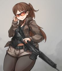 Rule 34 | 1girl, arceonn, battle rifle, black pantyhose, blue eyes, braid, breasts, brown hair, curvy, fal (upotte!!), fn fal, french braid, gun, half updo, jacket, laser sight, long hair, looking at viewer, pantyhose, rifle, safety glasses, shorts, small breasts, smile, solo, sunglasses, tank top, thick thighs, thighs, tinted eyewear, upotte!!, weapon, wide hips, yellow-tinted eyewear