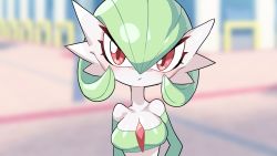 Rule 34 | 1girl, :/, arm at side, bare shoulders, blurry, blurry background, blush, bob cut, breasts, cleavage, closed mouth, collarbone, colored skin, creatures (company), crop top, day, drunkoak, female focus, game freak, gardevoir, gen 3 pokemon, green hair, green shirt, hair between eyes, hand on own hip, highres, light blush, long sleeves, looking at viewer, medium breasts, nintendo, off-shoulder shirt, off shoulder, outdoors, pokemon, pokemon (creature), red eyes, shiny clothes, shiny skin, shirt, short hair, skindentation, solo, standing, upper body, white skin