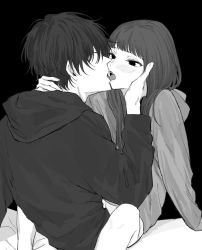 Rule 34 | 1boy, 1girl, black background, blush, copyright request, french kiss, greyscale, hand on another&#039;s face, highres, hood, hood down, hoodie, kiss, little mare, long hair, long sleeves, monochrome, open mouth, simple background, straddling