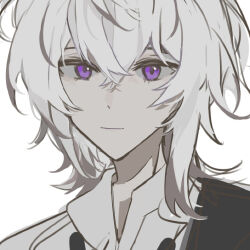 Rule 34 | 1boy, black necktie, closed mouth, collar x malice, collared shirt, commentary request, grey hair, looking at viewer, male focus, multicolored hair, necktie, okazaki kei, purple eyes, shirt, short hair, sketch, smile, solo, w047, white background, white hair, white shirt