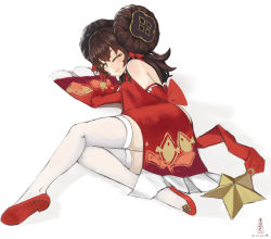 Rule 34 | 1girl, absurdres, bare shoulders, bo li wei ling, brown eyes, brown hair, china dress, chinese clothes, dated, detached sleeves, double bun, dress, girls&#039; frontline, hair between eyes, hair bun, hair ribbon, high heels, highres, long hair, lying, official alternate costume, on side, one eye closed, pumps, red dress, ribbon, shadow, sidelocks, simple background, sleeves past fingers, sleeves past wrists, smile, solo, star (symbol), thighhighs, type 97 (girls&#039; frontline), type 97 (peony) (girls&#039; frontline), white background, wide sleeves