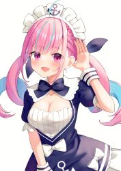 Rule 34 | 1girl, ahoge, anchor print, anchor symbol, aqua hair, blue bow, blue dress, blue ribbon, bow, breasts, cleavage, collarbone, dress, drill hair, dyed ahoge, faubynet, frilled headwear, hair ribbon, highres, hololive, large breasts, looking at viewer, maid headdress, minato aqua, minato aqua (1st costume), multicolored hair, open mouth, pink hair, purple eyes, ribbon, short sleeves, simple background, smile, solo, twin drills, twintails, virtual youtuber, white background, white bow, white headwear, white wristband, wristband