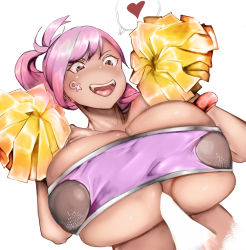 Rule 34 | 1girl, 1other, breasts, brown eyes, carolina (last origin), cheerleader, heart, highres, huge breasts, kenroku, last origin, looking at viewer, open mouth, paizuri, penis, pink hair, pom pom (cheerleading), pom pom (clothes), ponytail, simple background, smile, speech bubble, white background