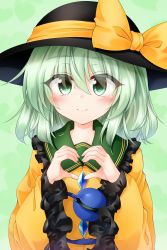 Rule 34 | 1girl, black hat, blouse, blush, bow, closed mouth, collar, crystal, eyes visible through hair, frills, green background, green collar, green eyes, green hair, hair between eyes, hands up, hat, hat bow, heart, heart hands, highres, komeiji koishi, long sleeves, looking at viewer, marukyuu ameya, shirt, simple background, smile, solo, third eye, touhou, wide sleeves, yellow bow, yellow shirt, yellow sleeves