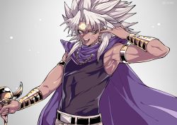 Rule 34 | 1boy, armlet, armpits, belt, big hair, black belt, cape, commentary request, dark-skinned male, dark skin, facial mark, forehead mark, grey background, hand up, jewelry, looking at viewer, male focus, marik ishtar, millennium rod, muscular, muscular male, open mouth, pants, purple cape, shirt, sleeveless, sleeveless shirt, smile, solo, spiked hair, teeth, tongue, tongue out, upper teeth only, veins, white hair, yami marik, yazaki (yazakc), yu-gi-oh!, yu-gi-oh! duel monsters