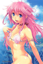 Rule 34 | 1girl, alice soft, armband, armlet, artist name, ass, blue eyes, blush, breasts, choker, collarbone, curly hair, flat ass, hanny, happy, highres, long hair, maruto!, open mouth, pink hair, rance (series), ribbon choker, shell, shell bikini, sill plain, small breasts, smile, wet, wet hair