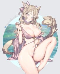 Rule 34 | 1girl, animal ears, barefoot, blue eyes, blush, bow, bracelet, breasts, brown hair, cat ears, cat girl, cat tail, cleavage, commentary, deathalice, english commentary, final fantasy, final fantasy xiv, fingernails, grey background, hair bow, highres, jewelry, large breasts, long hair, looking at viewer, miqo&#039;te, navel, pink bow, simple background, sitting, solo, tail, thighs, twitter username, warrior of light (ff14)