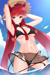 Rule 34 | 1girl, absurdres, arknights, armpits, arms up, bikini, black bikini, braid, breasts, cloud, demon horns, demon tail, hair ornament, hat, highres, horns, long hair, looking at viewer, ocean, official alternate costume, partially submerged, pointy ears, red eyes, red hair, smile, solo, star (symbol), star hair ornament, straw hat, swimsuit, tail, very long hair, vigna (arknights), vigna (casual vacation) (arknights), wading, z.taiga