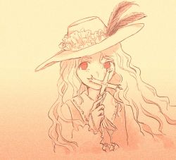 Rule 34 | 1girl, ancient, collared shirt, commentary request, covered mouth, cross, fedora, frilled hat, frilled sleeves, frills, greyscale, hat, hat feather, highres, holding, holding cross, jacket girl (dipp), long hair, long sleeves, looking away, monochrome, red eyes, ribbon, shirt, touhou, upper body, very long hair, vest