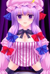 Rule 34 | 1girl, bad id, bad pixiv id, black thighhighs, blush, bow, breasts, cleavage, crescent, girl on top, hair bow, hat, highres, large breasts, long hair, looking at viewer, patchouli knowledge, purple eyes, purple hair, shimotsuki keisuke, smile, solo focus, thighhighs, touhou, zettai ryouiki