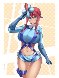 1girl absurdres alancruzk blue_eyes blue_footwear blue_gloves blue_shorts breasts creatures_(company) crop_top cropped_jacket dark-skinned_female dark_skin game_freak gloves highres large_breasts midriff nintendo one_side_up pokemon pokemon_bw pouch red_hair short_hair_with_long_locks short_shorts shorts skyla_(pokemon) thigh_pouch