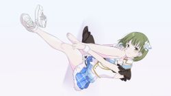 Rule 34 | 1girl, bad id, bad twitter id, bare legs, barefoot, belldot, blue skirt, closed mouth, commentary request, detached collar, dutch angle, frilled sleeves, frills, full body, fur-trimmed skirt, fur trim, green eyes, green hair, grey background, hair ribbon, head rest, head tilt, idolmaster, idolmaster shiny colors, invisible chair, knee to face, knee up, layered skirt, legs, looking at viewer, nanakusa nichika, plaid, plaid neckwear, plaid skirt, ribbon, unworn shoe, shoes, unworn shoes, short hair, sideways, simple background, single shoe, sitting, skirt, sleeveless, sleeveless jacket, sneakers, solo, white footwear, wrist cuffs