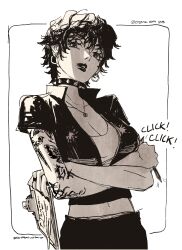 Rule 34 | 1girl, 2022, absurdres, arm tattoo, artist name, black eyes, black hair, black jacket, black lips, black pants, border, breasts, choker, cleavage, clipboard, collar, collarbone, collared jacket, cropped jacket, cropped shirt, crossed arms, doll (one piece), earrings, edpan, eyelashes, female focus, from below, greyscale, head tilt, highres, holding, holding clipboard, holding pen, hoop earrings, jacket, jewelry, large breasts, lipstick, makeup, medium breasts, midriff, monochrome, navel, necklace, one piece, open clothes, open jacket, pants, pen, shirt, short hair, short sleeves, sidelighting, solo, sound effects, spiked collar, spikes, tattoo, upper body, white background, white shirt
