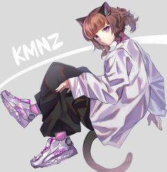 Rule 34 | 1girl, animal ear fluff, animal ears, black pants, blunt bangs, brown hair, cat ears, cat girl, cat tail, closed mouth, commentary, copyright name, english commentary, from side, full body, grey background, highres, kmnz, long sleeves, looking at viewer, loose clothes, loose pants, loose shirt, mc liz, pants, ponytail, shirt, shoes, short hair, sitting, sneakers, solo, sunawachi yu, tail, virtual youtuber, white footwear, white shirt
