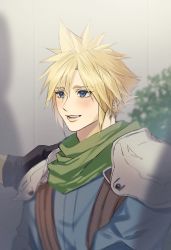 Rule 34 | 1boy, ah yoshimizu, armor, black gloves, blonde hair, blue eyes, blue shirt, blush, cloud strife, crisis core final fantasy vii, earrings, final fantasy, final fantasy vii, gloves, green scarf, hair between eyes, hand on another&#039;s shoulder, highres, jewelry, long sleeves, looking at another, male focus, open mouth, out of frame, plant, scarf, shinra infantry uniform, shirt, short hair, shoulder armor, single earring, smile, spiked hair, square enix, suspenders, teeth, upper body, upper teeth only
