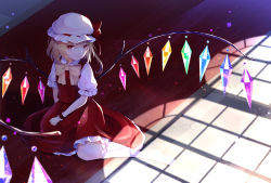 Rule 34 | 1girl, :/, absurdres, arm behind back, blonde hair, bow, bowtie, bright pupils, carpet, closed mouth, collared shirt, commentary, crack, cracked floor, crystal, dress, expressionless, eyelashes, flandre scarlet, frilled cuffs, frilled hat, frilled legwear, frilled sleeves, frills, from above, full body, hand on lap, hand on own leg, hat, hat bow, hat ribbon, highres, indoors, light, light particles, looking at viewer, mob cap, no shoes, on floor, one side up, petticoat, puffy short sleeves, puffy sleeves, rainbow order, red bow, red carpet, red dress, red eyes, red ribbon, ribbon, shadow, shinketsu kanyu, shirt, short hair, short sleeves, sidelocks, sideways glance, sitting, solo, sparks, touhou, vampire, white hat, white legwear, white shirt, window, wing collar, wings, wrist cuffs, yellow bow, yellow bowtie, yokozuwari