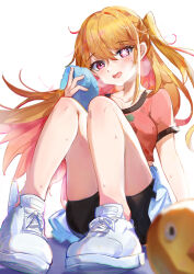 Rule 34 | 1girl, absurdres, arm support, black shorts, blonde hair, blurry, blurry foreground, blush, chromatic aberration, collarbone, commentary request, cropped shirt, hair between eyes, highres, hoshino ruby, long hair, looking at viewer, miniskirt, mismatched pupils, miyano haruto, one side up, open mouth, oshi no ko, pink eyes, pink shirt, pleated skirt, shirt, short sleeves, shorts, shorts under skirt, sidelocks, skirt, solo, sportswear, star-shaped pupils, star (symbol), sweat, swept bangs, symbol-shaped pupils, variant set, white footwear, white skirt, wiping sweat