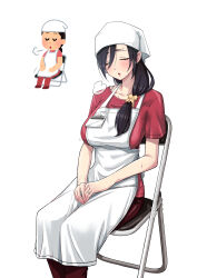 1girl absurdres apron black_hair breasts chair collarbone folding_chair hair_over_shoulder hands_on_own_legs headband highres irasutoya irasutoya_challenge jewelry large_breasts long_hair mature_female mole mole_under_eye open_mouth own_hands_together pants red_pants red_shirt reference_inset ring shashadog18 shirt short_sleeves simple_background sitting solo sweat white_apron white_background white_headband white_headscarf