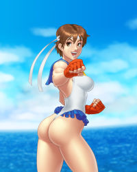 Rule 34 | 1girl, adapted costume, ass, bare shoulders, blue sky, blurry, blurry background, breasts, brown eyes, brown hair, clenched hands, cloud, cloudy sky, commentary request, day, fighting stance, fingerless gloves, frilled one-piece swimsuit, frilled swimsuit, frills, gloves, gradient background, hands up, headband, highleg, highleg swimsuit, highres, jiggeh, kasugano sakura, medium breasts, ocean, one-piece swimsuit, open mouth, outdoors, sailor collar, short hair, sideboob, simple background, sky, smile, solo, street fighter, street fighter zero (series), swimsuit, teeth, thighs, upper teeth only, water