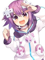 Rule 34 | amakoke, d-pad, d-pad hair ornament, hair ornament, highres, hood, hoodie, jacket, looking at viewer, neptune (neptunia), neptune (series), open mouth, purple eyes, purple hair, revision, simple background, smile, solo, track jacket, white background