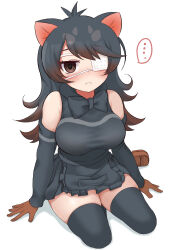 Rule 34 | ..., 1girl, absurdres, ahoge, animal ears, australian devil (kemono friends), black hair, black thighhighs, blush, breasts, brown eyes, brown gloves, brown hair, colored tips, commentary request, detached sleeves, eyepatch, gloves, heart, heart-shaped pupils, highres, kemono friends, large breasts, long hair, long sleeves, looking at viewer, medical eyepatch, multicolored hair, seiza, shimosazami, simple background, sitting, sleeveless, solo, spoken ellipsis, swept bangs, symbol-shaped pupils, thighhighs, white background, zettai ryouiki