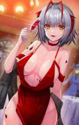 Rule 34 | 1girl, arknights, bare shoulders, breasts, champagne flute, cocktail dress, cup, d-n, dress, drinking glass, evening gown, eyeshadow, grey hair, holding, horns, large breasts, looking at viewer, makeup, material growth, oripathy lesion (arknights), plunging neckline, red eyeshadow, short hair, smile, solo, table, w (arknights), yellow eyes