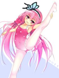 Rule 34 | 1girl, blush, child, collarbone, flower knight girl, hanamomo (flower knight girl), highres, leotard, long hair, looking at viewer, open mouth, pink hair, pink leotard, solo, split, standing, standing on one leg, standing split, whether, white background, white legwear