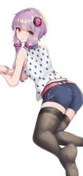 Rule 34 | 1girl, animal print, ass, bare arms, bare shoulders, black thighhighs, blue shorts, closed mouth, commentary request, feet out of frame, highres, long hair, looking at viewer, looking back, no shoes, print shirt, purple eyes, purple hair, rabbit print, shirt, short shorts, shorts, simple background, sleeveless, sleeveless shirt, smile, soles, solo, thighhighs, vocaloid, voiceroid, white background, white shirt, yusake san, yuzuki yukari