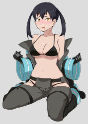 Rule 34 | 1girl, armpits, artist request, belt, black bra, black footwear, black gloves, black hair, black panties, blush, boots, bra, breasts, cleavage, clenched hands, coat, collarbone, collared coat, embarrassed, en&#039;en no shouboutai, eyelashes, female focus, firefighter, full body, gloves, grey background, highres, kneeling, knees apart feet together, large breasts, legs, long sleeves, looking at viewer, navel, neck, off-shoulder, off-shoulder coat, off shoulder, open mouth, outstretched arms, oversized clothes, panties, pants, panty peek, revealing clothes, shiny skin, sidelocks, simple background, slit pupils, spread arms, tamaki kotatsu, thighs, twintails, underboob, underwear, waist cutout, wide sleeves, yellow eyes