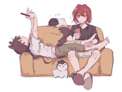 Rule 34 | 2girls, ange katrina, animal ears, barefoot, black shirt, blue eyes, brown footwear, brown hair, brown pants, capri pants, cellphone, chinese commentary, closed mouth, commentary request, couch, dog ears, hair intakes, hand on another&#039;s leg, highres, holding, holding phone, inui toko, lingyi, long hair, lying, multiple girls, nijisanji, on back, on couch, pants, phone, red hair, shirt, short hair, short sleeves, shorts, sitting, slippers, smartphone, virtual youtuber, white shirt, white shorts, zzz