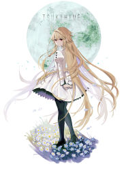 Rule 34 | 1girl, aged down, antenna hair, arcueid brunestud, black footwear, black pantyhose, blonde hair, buttons, child, closed mouth, commentary request, copyright name, dress, expressionless, falling petals, flower, frilled skirt, frills, full body, full moon, hair between eyes, highres, juliet sleeves, long hair, long sleeves, looking at viewer, looking back, moon, nigiri, pantyhose, petals, puffy sleeves, red eyes, sidelocks, single hair intake, skirt, solo, standing, tsukihime, tsukihime (remake), type-moon, very long hair, white dress, white flower