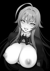 Rule 34 | 1girl, ahoge, bow, bowtie, brassica, breasts, cleavage, collared shirt, greyscale, high school dxd, highres, huge ahoge, jacket, kuoh academy school uniform, large breasts, long hair, monochrome, nipples, open mouth, rias gremory, school uniform, shirt, solo, upper body