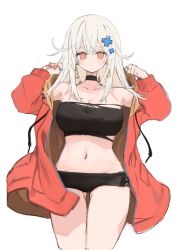 Rule 34 | 1girl, bad id, bad twitter id, black choker, black shorts, blush, breasts, choker, cleavage, closed mouth, coat, crop top, earrings, fuyu yafunu, hair between eyes, hair ornament, highres, jewelry, large breasts, long hair, long sleeves, looking at viewer, multiple rings, open clothes, open coat, original, red coat, red eyes, ring, short shorts, shorts, simple background, solo, strapless, torn clothes, triangle earrings, tube top, white background, white hair, x hair ornament