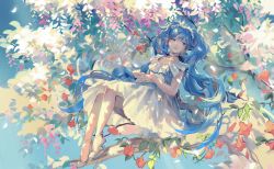 Rule 34 | 1girl, bad id, bad pixiv id, blue eyes, blue hair, branch, choker, collarbone, dress, frills, full body, hatsune miku, high heels, highres, leaf, long hair, looking to the side, own hands together, rrr (reason), sitting, sleeveless, solo, tree, twintails, very long hair, vocaloid, white dress, white footwear, white neckwear