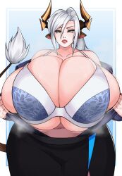 Rule 34 | 1girl, animal ears, black pants, blue background, bodysuit, bra, breasts, bursting breasts, collarbone, cow ears, cow girl, cow horns, cow tail, eyelashes, female focus, gigantic breasts, grey eyes, grin, highres, horns, lips, mole, mole under eye, motion lines, pale skin, pants, ponytail, skindentation, smile, solo, standing, steam, steaming body, strongmoist, tail, tail raised, underwear, undressing, white bra, white hair, wide hips